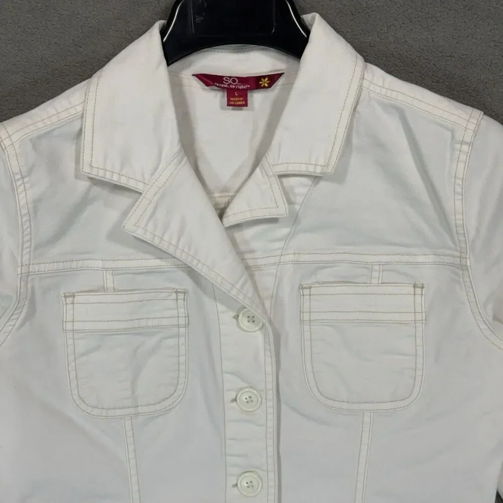 SO Women L White Denim Trucker Jacket Jean Crop Aesthetic Y2K Minimalist Chic - Picture 2 of 11